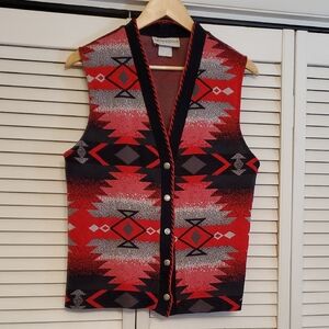 Donnkenny Classics Vintage Red and Black Aztec Print Vest, Size Small